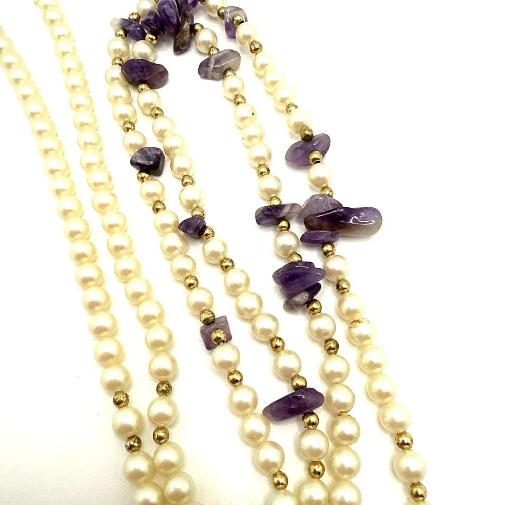 Vintage Faux Pearl Amethyst Chip Station Necklace Long Stone Boho Energy Calming